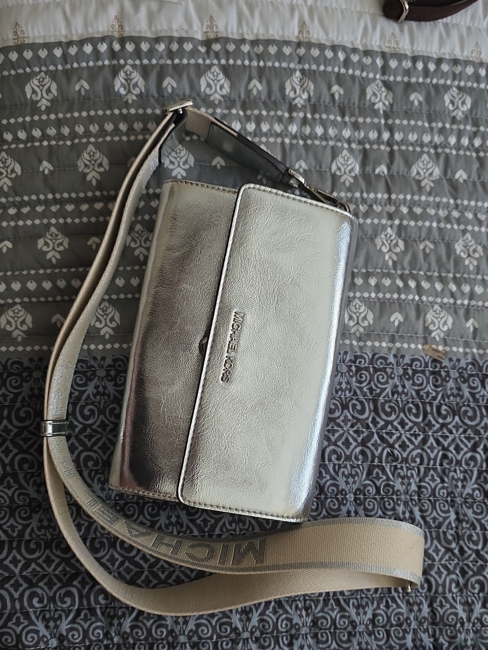Michael Kors Metallic Silver Crossbody with Logo Strap